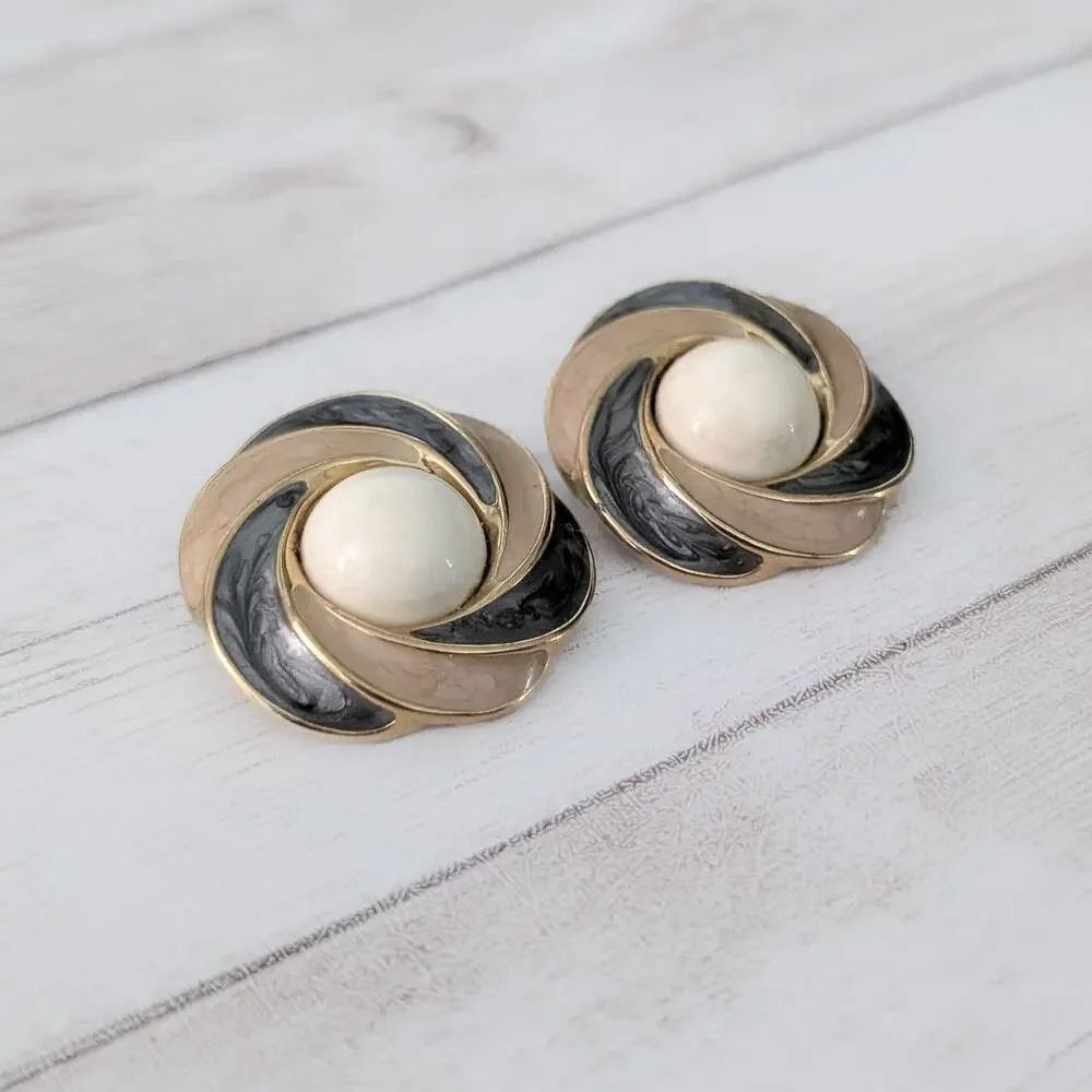 Vintage Trifari Clip On Earrings Large Statement Grey & Beige